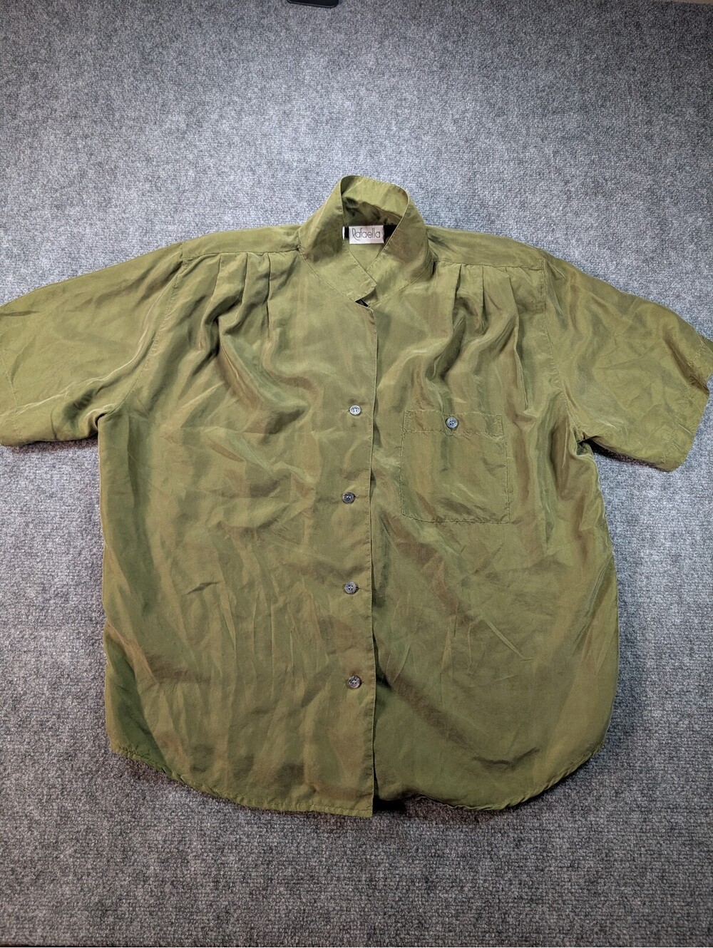 Vintage Rafaella Olive Green Silk Button Up Shirt Size 14 Quiet Luxury